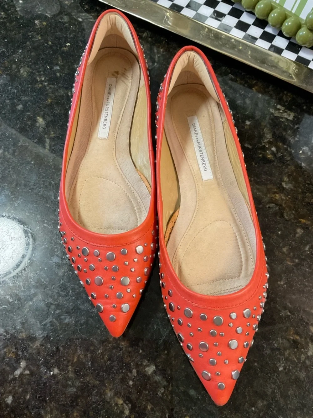 Diane von Furstenberg Silver Studded Orange/Red Pointed Toe Flat Sz 9.5 M luxury